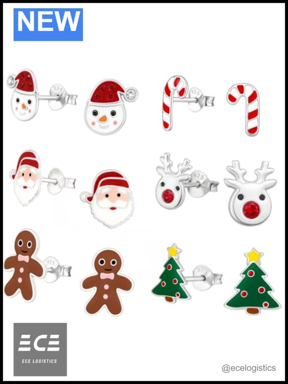 925 Sterling Silver Christmas Stud Earrings Set 6 Pairs Holiday Enamel